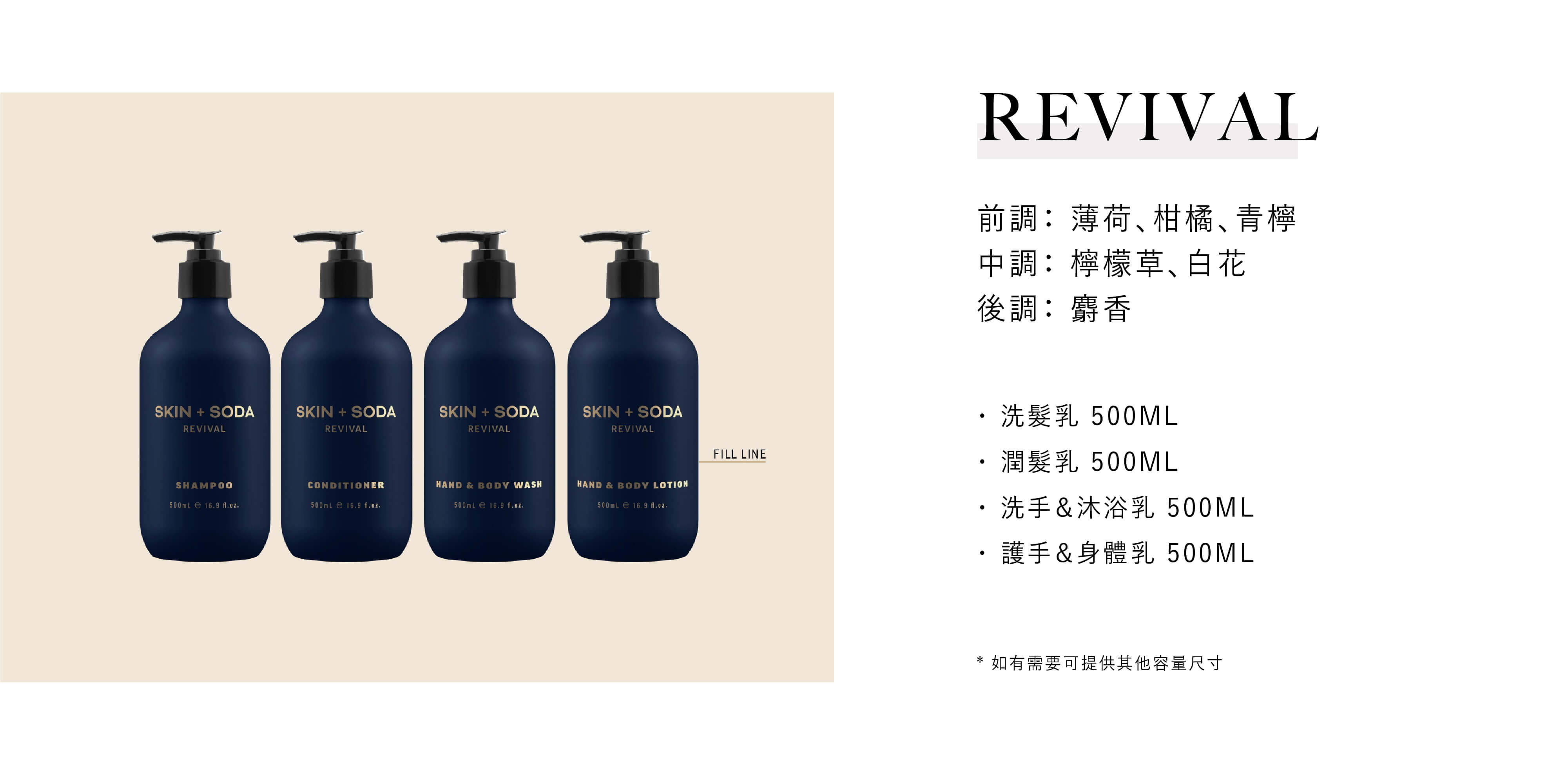 SKIN + SODA的飯店沐浴用品REVIVAL系列，由Sunlife晨居飯店沐浴備品廠商供應