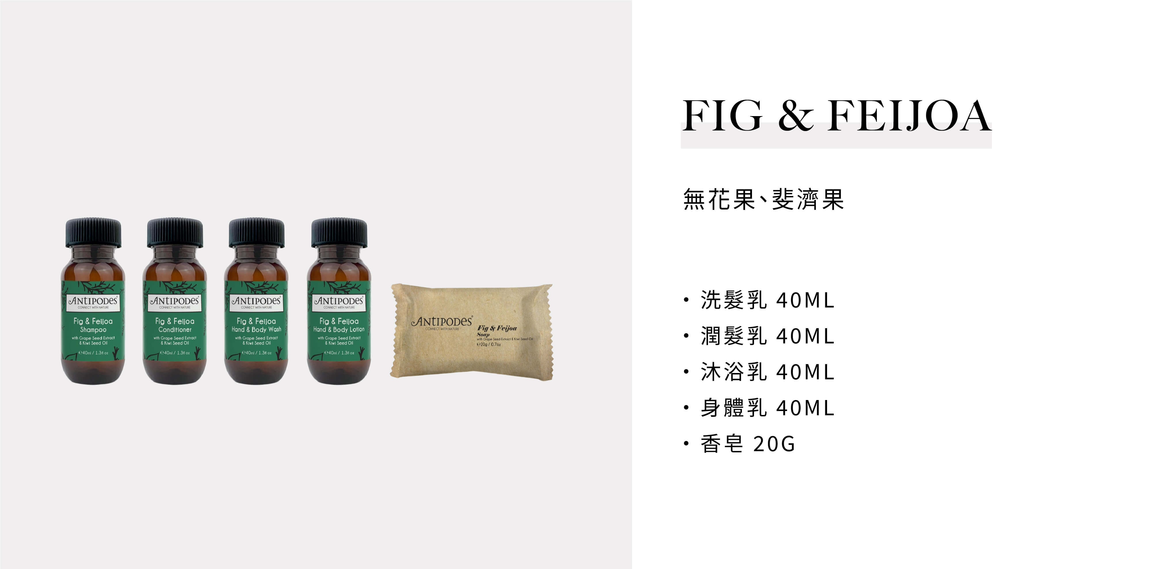 紐西蘭品牌Antipodes飯店沐浴備品的Fig & Feijoa 系列由飯店沐浴用品供應商Sunlife晨居提供